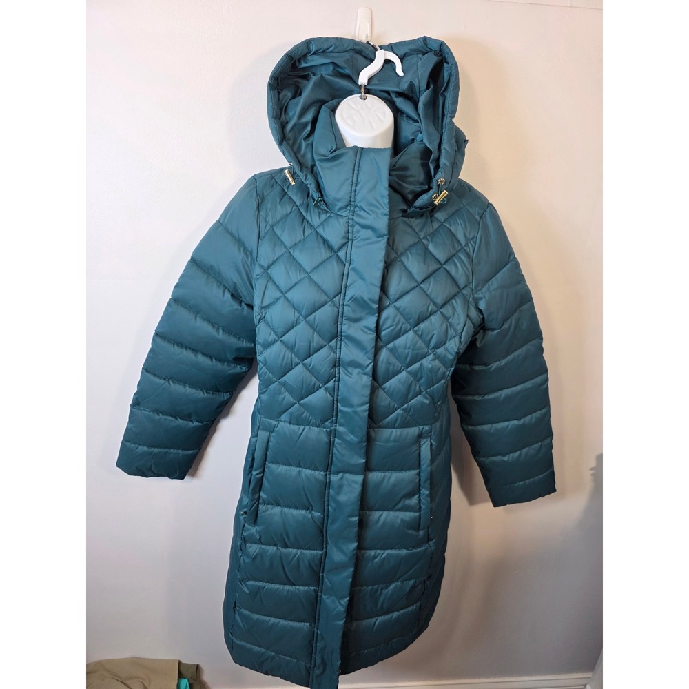 Liz Claiborne Womens Teal Blue Quilted Longline Puffer Coat Hooded Size S